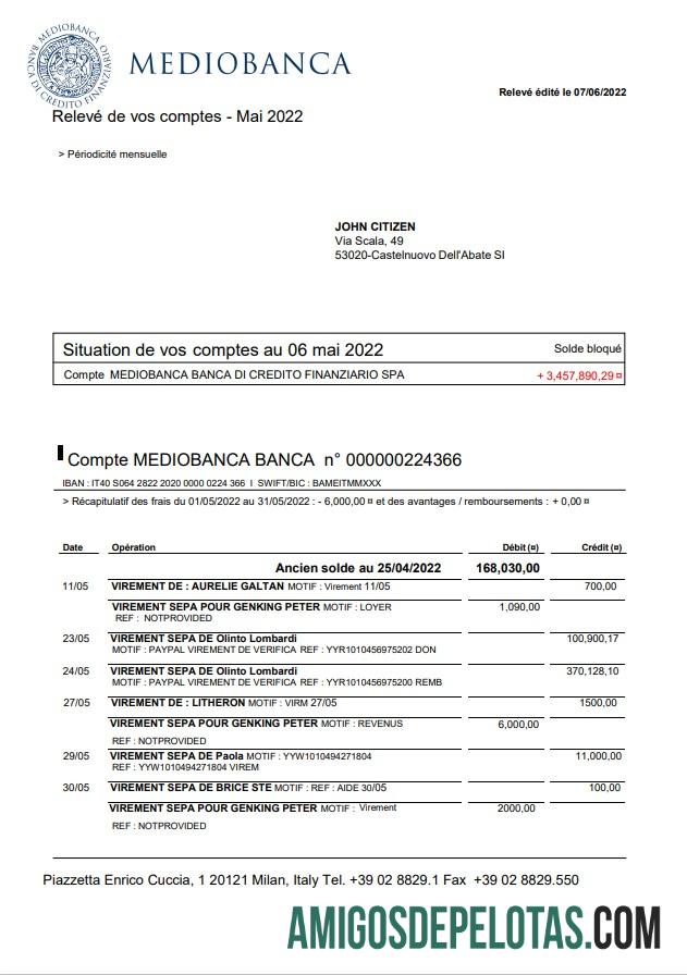 Italy Mediobanca extrato bancário amostra